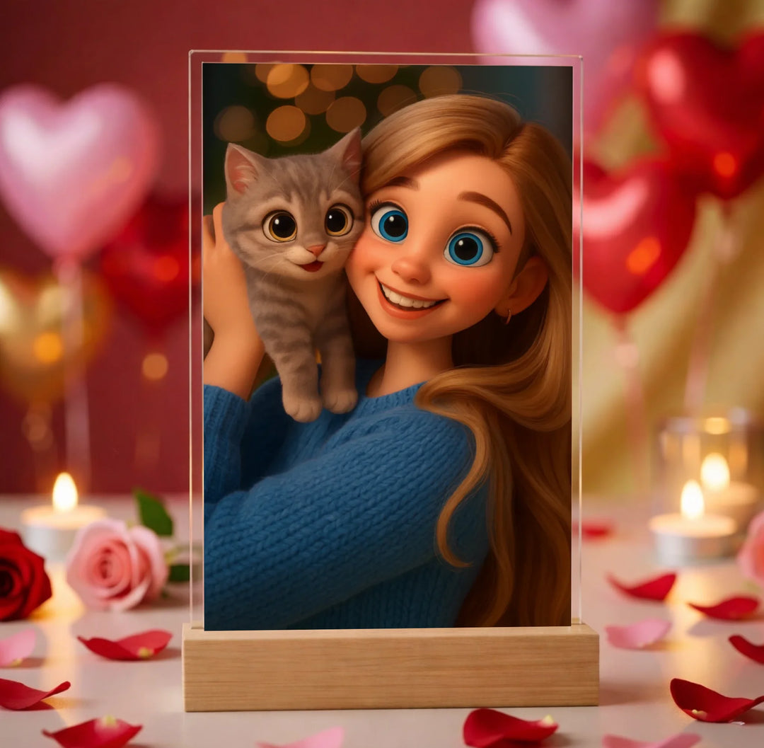 Hyperrealistic photo of an acrylic glass display with a wooden base, sized 20 × 30 cm, featuring the same cartoon-style illustration of the blonde woman and her Labrador as in the referenced image