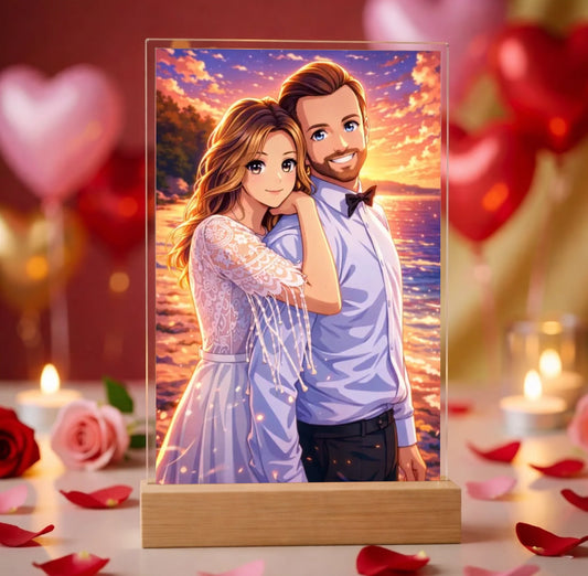 Hyperrealistic photo of an acrylic glass display with a wooden base, sized 20 × 30 cm, featuring the same cartoon-style illustration of the blonde woman and her Labrador as in the referenced image