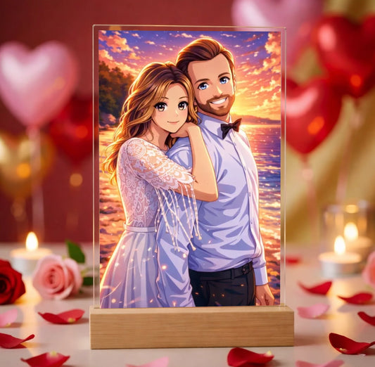 Hyperrealistic photo of an acrylic glass display with a wooden base, sized 20 × 30 cm, featuring the same cartoon-style illustration of the blonde woman and her Labrador as in the referenced image