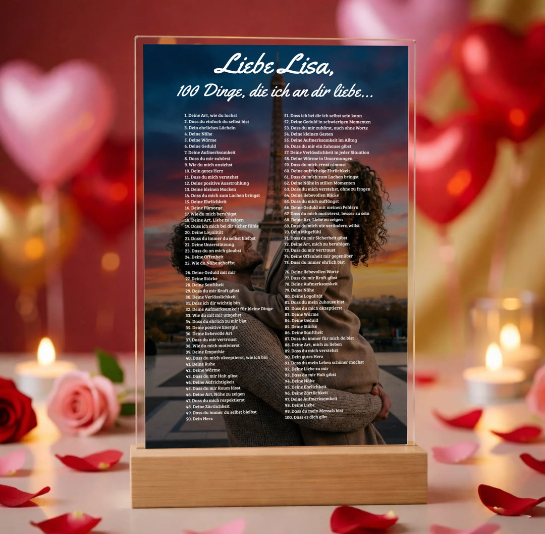 Hyperrealistic photo of an acrylic glass display with a wooden base, sized 20 × 30 cm, featuring the same cartoon-style illustration of the blonde woman and her Labrador as in the referenced image