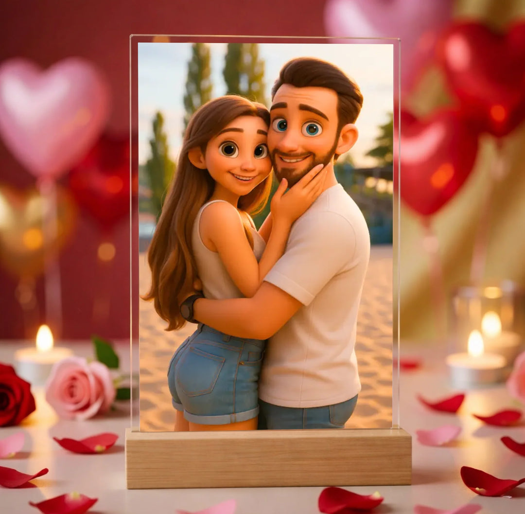 Hyperrealistic photo of an acrylic glass display with a wooden base, sized 20 × 30 cm, featuring the same cartoon-style illustration of the blonde woman and her Labrador as in the referenced image