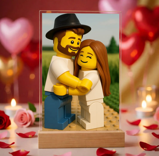 Hyperrealistic photo of an acrylic glass display with a wooden base, sized 20 × 30 cm, featuring the same cartoon-style illustration of the blonde woman and her Labrador as in the referenced image