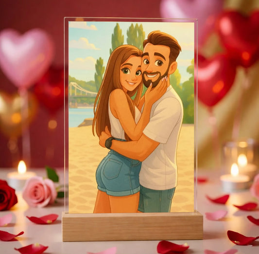 Hyperrealistic photo of an acrylic glass display with a wooden base, sized 20 × 30 cm, featuring the same cartoon-style illustration of the blonde woman and her Labrador as in the referenced image