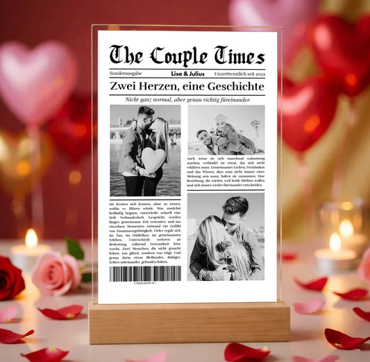 Hyperrealistic photo of an acrylic glass display with a wooden base, sized 20 × 30 cm, featuring the same cartoon-style illustration of the blonde woman and her Labrador as in the referenced image