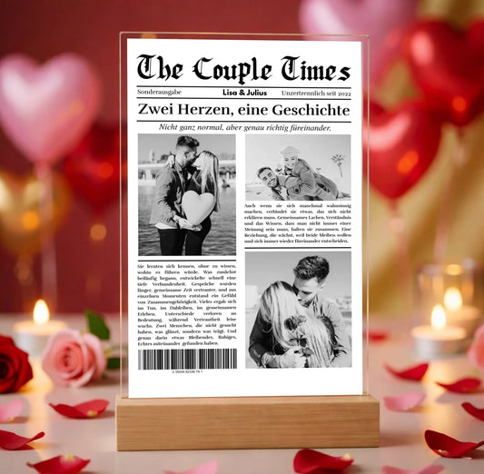 Hyperrealistic photo of an acrylic glass display with a wooden base, sized 20 × 30 cm, featuring the same cartoon-style illustration of the blonde woman and her Labrador as in the referenced image